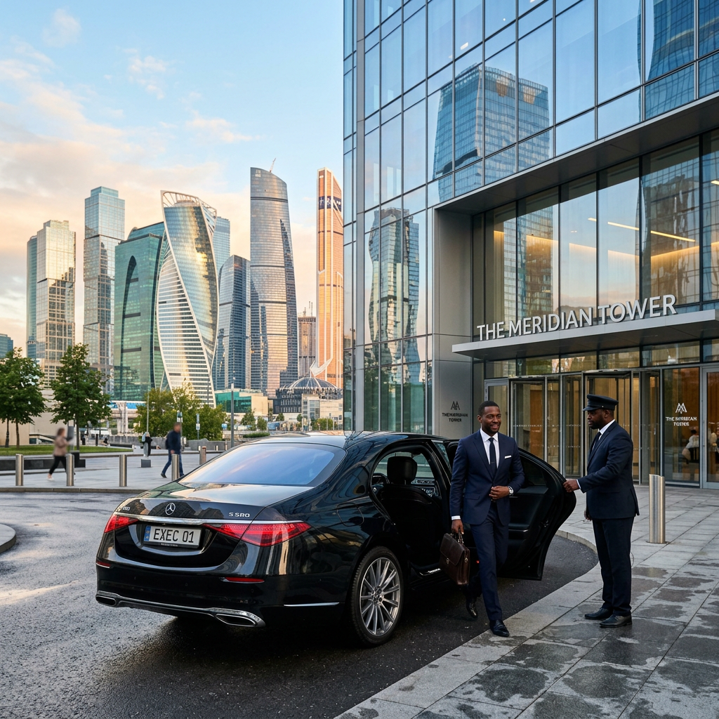 Man in business suit exiting black luxury car greeted by doorman outside Meridian Tower